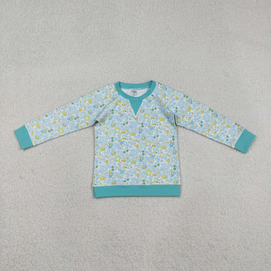 RTS NO MOQ（In Stock) Blue-Green Floral Leaf Yoga Long-Sleeve Top