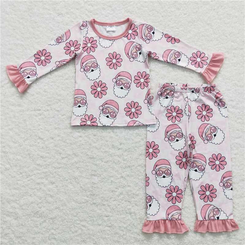 Toddler Girl Christmas Pajama Set & Baby Girl Romper, Retro Peace Sign Santa Daisy Floral Print, Pink Ruffle Long Sleeve Matching Sibling Xmas Sleepwear