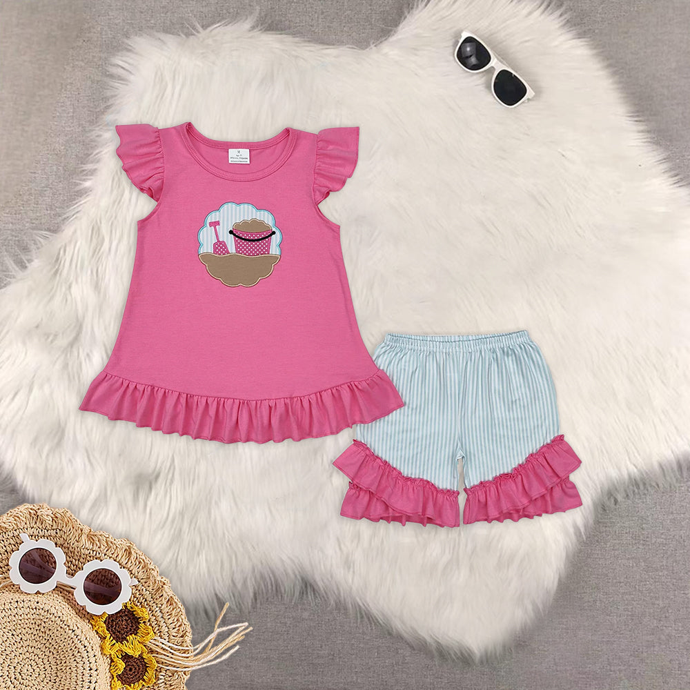 RTS NO MOQ baby girl clothes embroidery short-sleeved shorts suit & short-sleeved sets