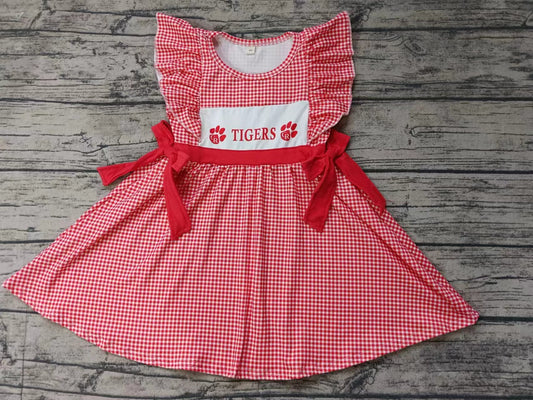 custom moq 5 eta 4-6weeks summer girls team red grid flying sleeve skirt dress