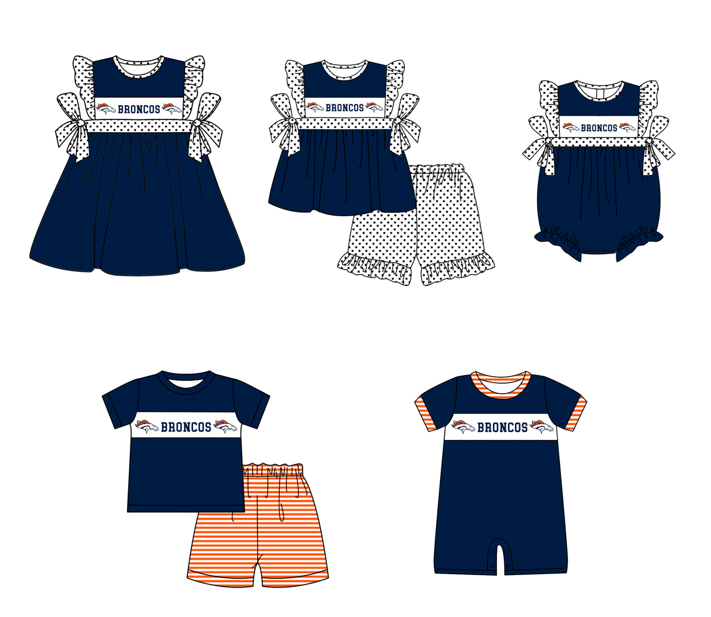 Custom moq 5 mix size milk silk summer teams baby girl boys clothes Navy blue short sleeve shorts sets 2  and dress and rompers 2 series