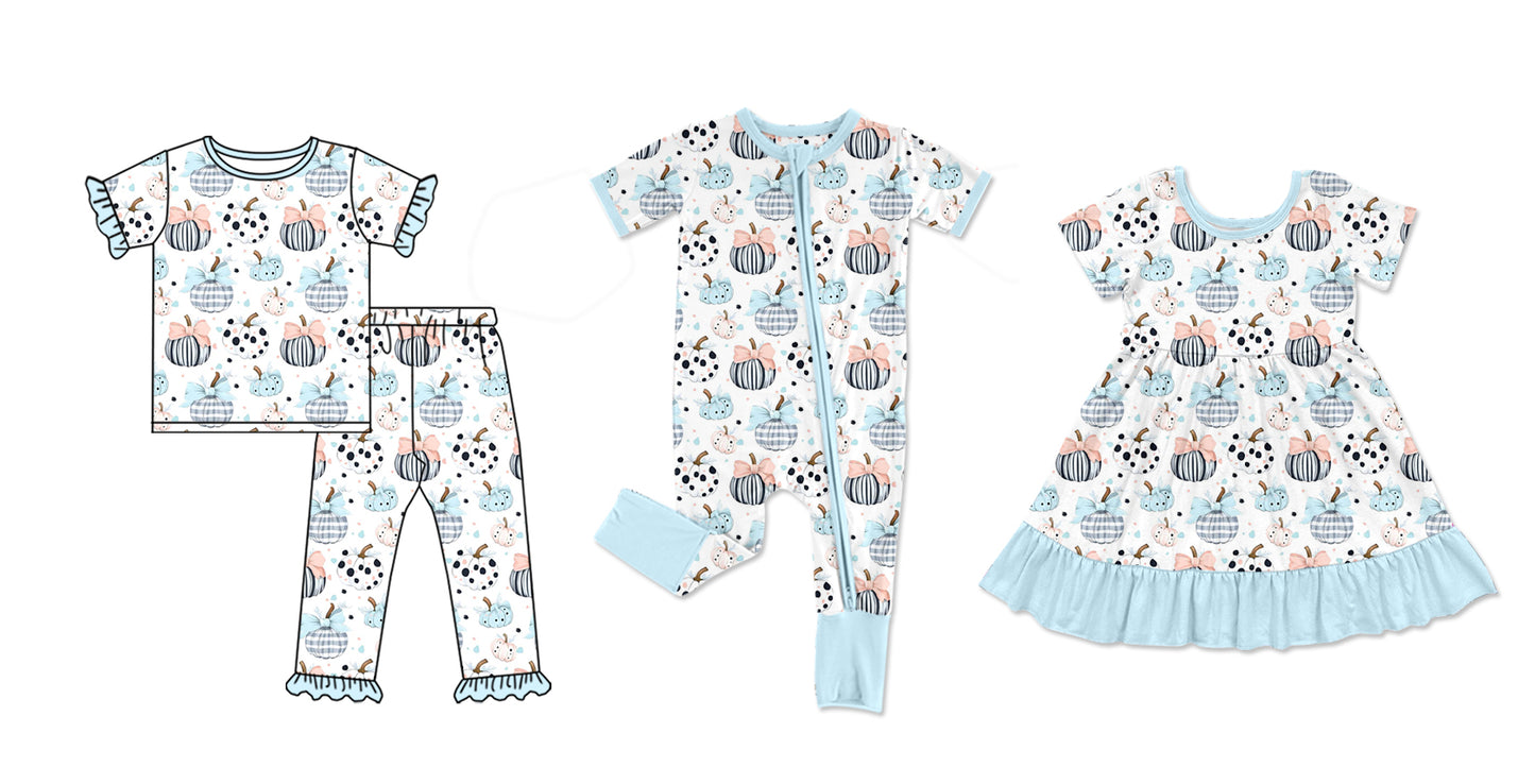 25.5.9 custom each style moq 5eta 4-6week Sibling Sisters pumpkin bow baby girl short sleeve pants sets and dress and rompers match family design
