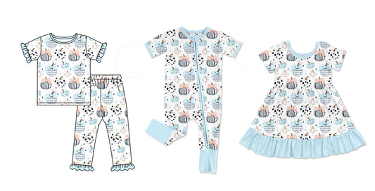 25.5.9 custom each style moq 5eta 4-6week Sibling Sisters pumpkin bow baby girl short sleeve pants sets and dress and rompers match family design