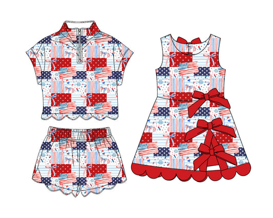 3.14 Custom moq 5 mix size Sibling Baby Girls Bows 4th of July Zipper Top Short Scallop Sets Yoga Active Scallop Short Knee Length Dress