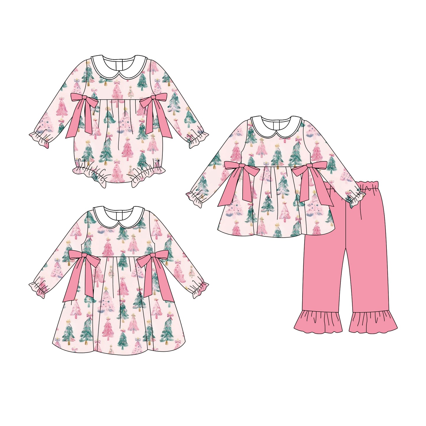 25.6.24 custom each style moq 5eta 4-6week Sibling Sisters Christmas trees bow pink baby girl long sleeve pants sets and dress and rompers match family design