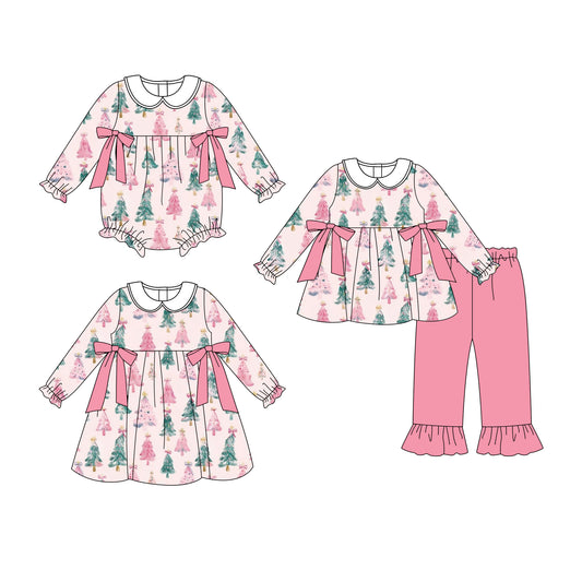 25.6.24 custom each style moq 5eta 4-6week Sibling Sisters Christmas trees bow pink baby girl long sleeve pants sets and dress and rompers match family design