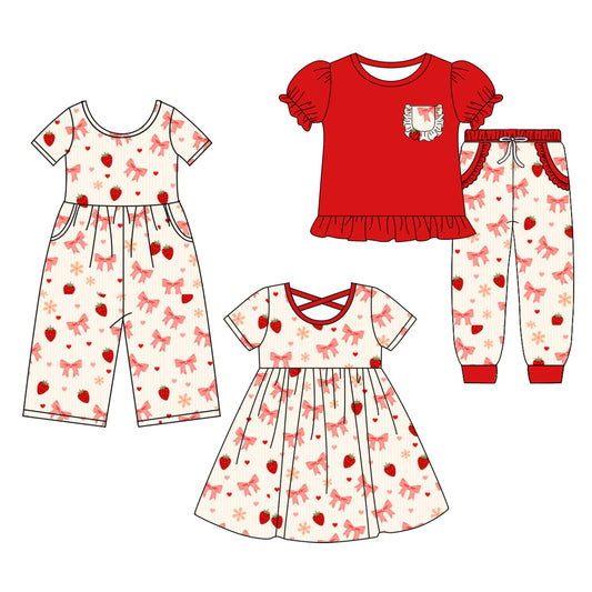 25.9.25 custom each style moq 8 eta 6-8week Sibling Sisters strawberry bow baby girl short sleeve shorts sets and dress and jumpsuit match family design