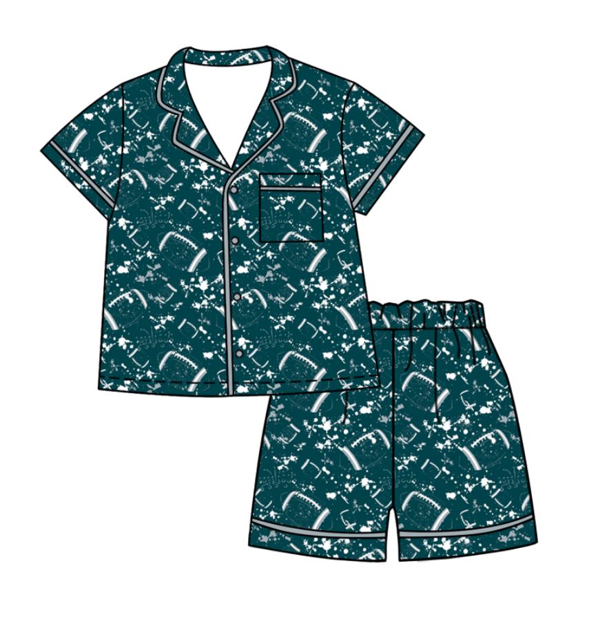 Custom moq 5 mix size milk silk summer teams Baby Girls Football Button Pocket Top Short Pajamas Sets Cute Infant Sleepwear