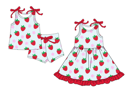 25.10.27 custom each style moq 5 eta 6-8week Sibling Sister strawberry floral baby girl short sleeve shorts sets and dress match design