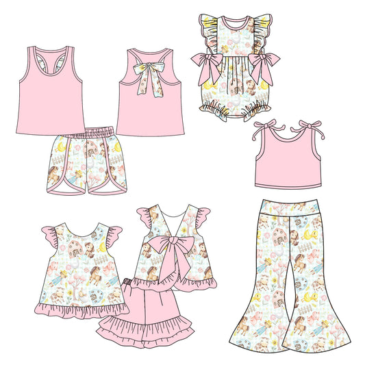 5.6 custom each style moq 5eta 4-6week Sibling Sisters baby girl short sleeve shorts sets 1 and sets 2 and pants sets and rompers match family design