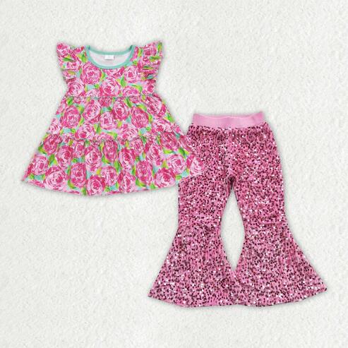 RTS NO MOQ Sibling Baby Girls Colorful Floral Tunic with Flutter Sleeves Sequin Bell Bottom Pants Cute Baby Outfit Set