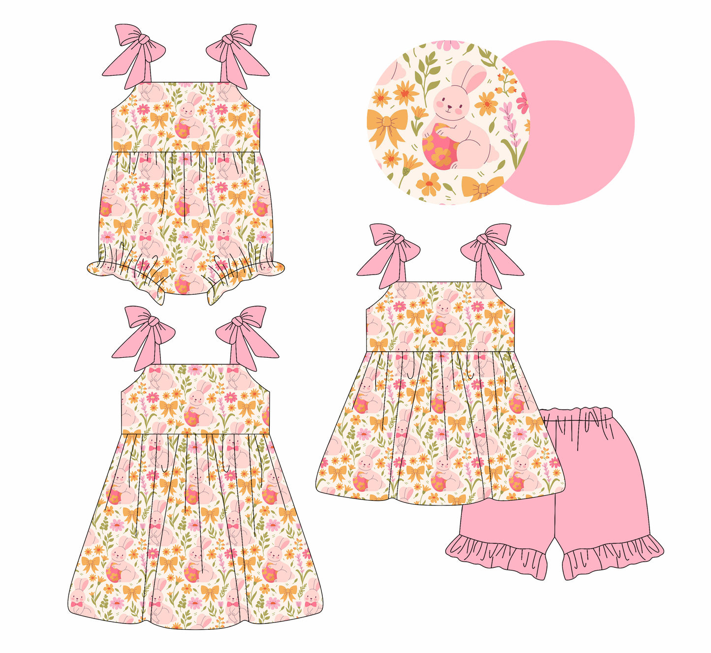 26.1.9 custom each style moq 5 eta 6-8week Sibling Sister bunny bow floral baby short sleeve shorts sets and romper and dress match design