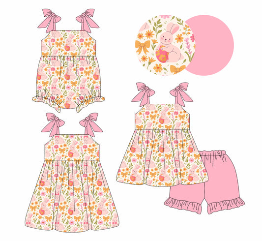 26.1.9 custom each style moq 5 eta 6-8week Sibling Sister bunny bow floral baby short sleeve shorts sets and romper and dress match design