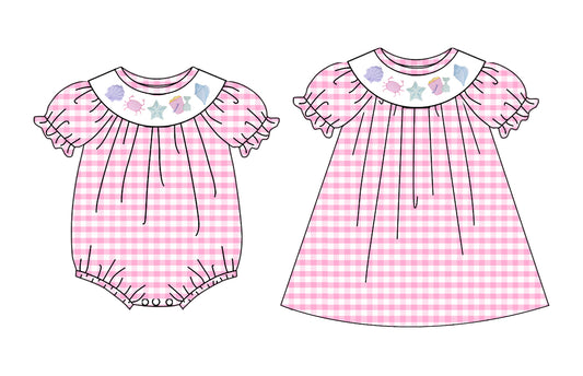 3.4 Custom moq 5 mix size Sibling Baby Girl's Pink Plaid Short-Sleeved Dress Romper Cute  Summer Outfit for Infants