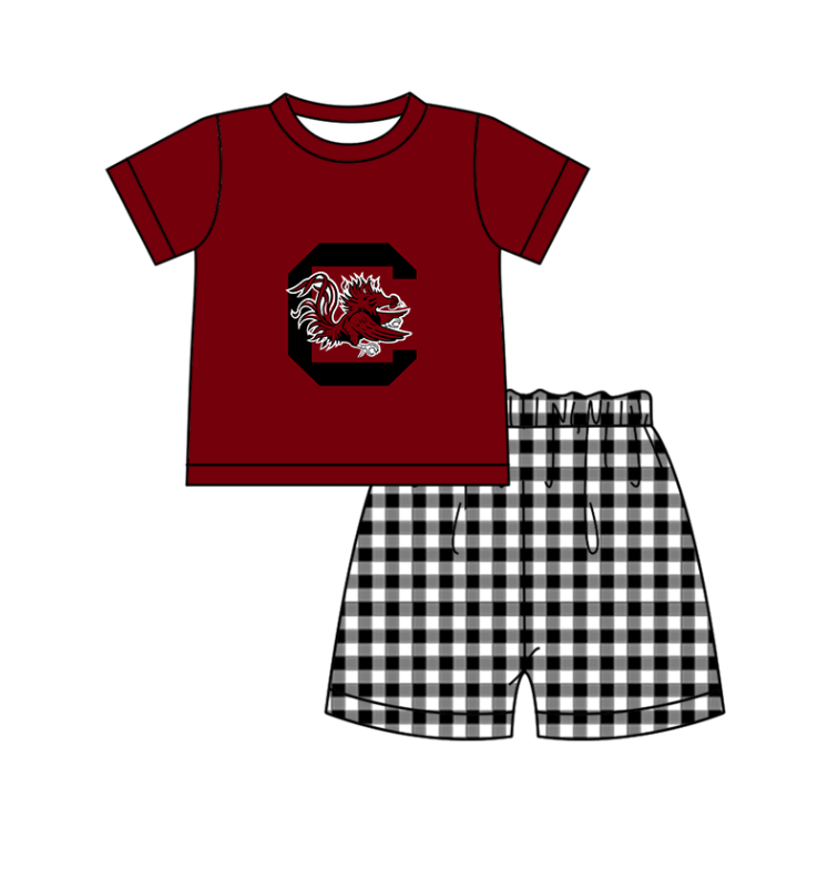 Custom moq 5 mix size milk silk summer teams baby girl boys clothes Dark Red Black and white checkered short sleeve shorts sets 3 and dress and rompers 2 series