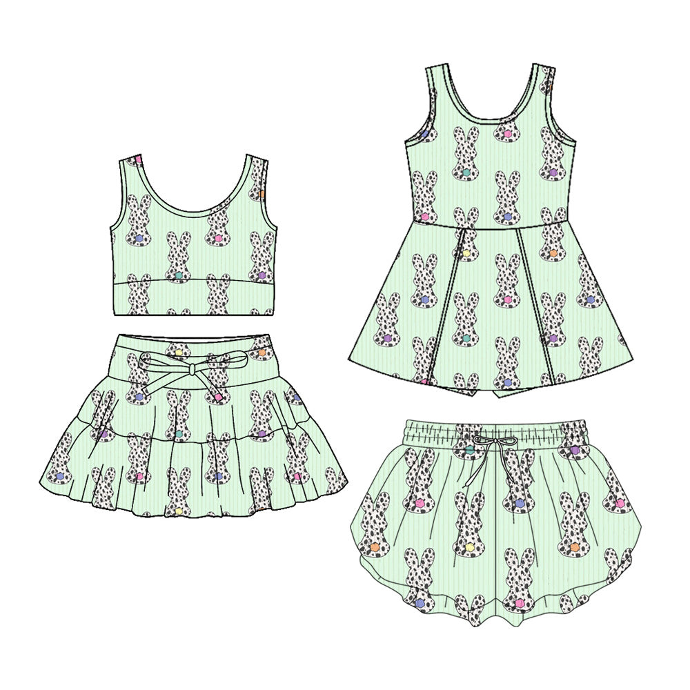 Custom moq 5 mix size Sibling Baby Girls Bunny Print Easter Sleeveless Yoga Top And Skirt Set Kids Yoga Dress Comfortable Sportswear with Shorts