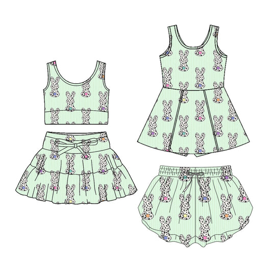 Custom moq 5 mix size Sibling Baby Girls Bunny Print Easter Sleeveless Yoga Top And Skirt Set Kids Yoga Dress Comfortable Sportswear with Shorts