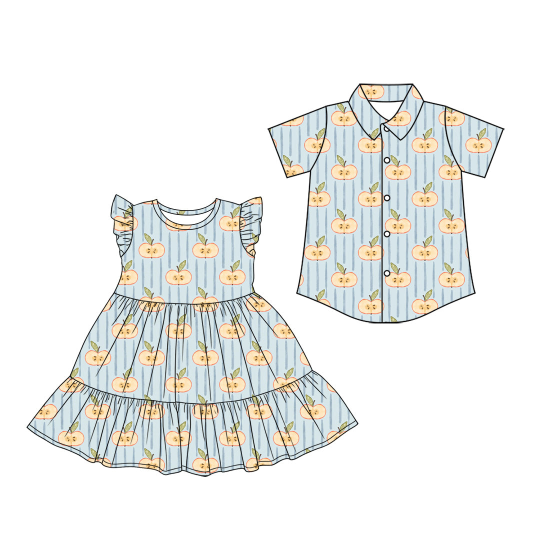 3.21 Custom moq 5 mix size Sibling Baby Girl's Flutter Sleeves Knee-Length Dress Matching Boy's Short-Sleeved Button-Down Shirt Outfit Set