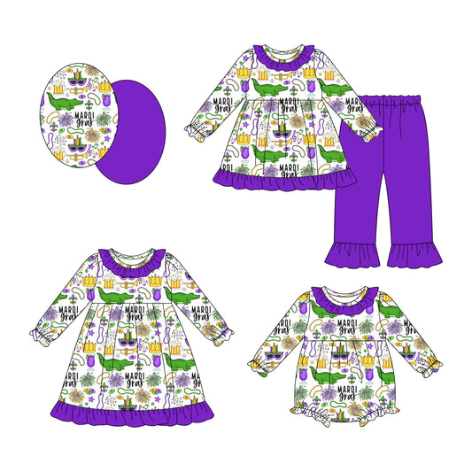 25.10.10 custom each style moq 5 eta 6-8week Sibling Sisters mardi gras baby girl long sleeve pants sets and dress and rompers match family design