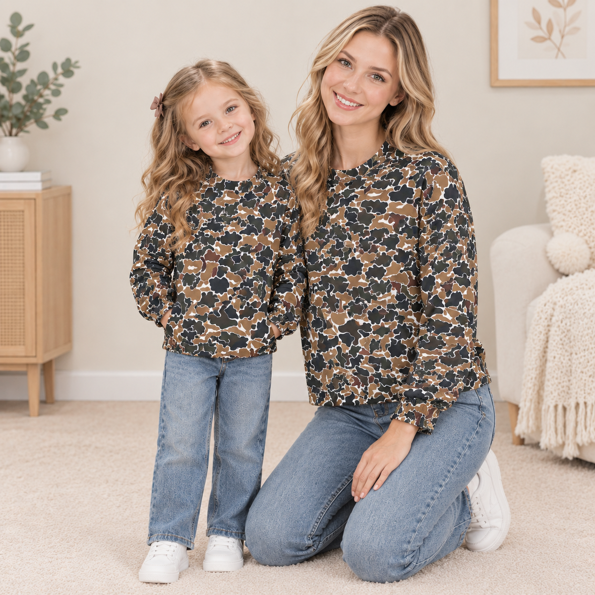 RTS NO MOQ Sibling yoga fabric Adult To Match Kids High Neck Dark Brown Camo Yoga Long Sleeve Choker T-shirts Top