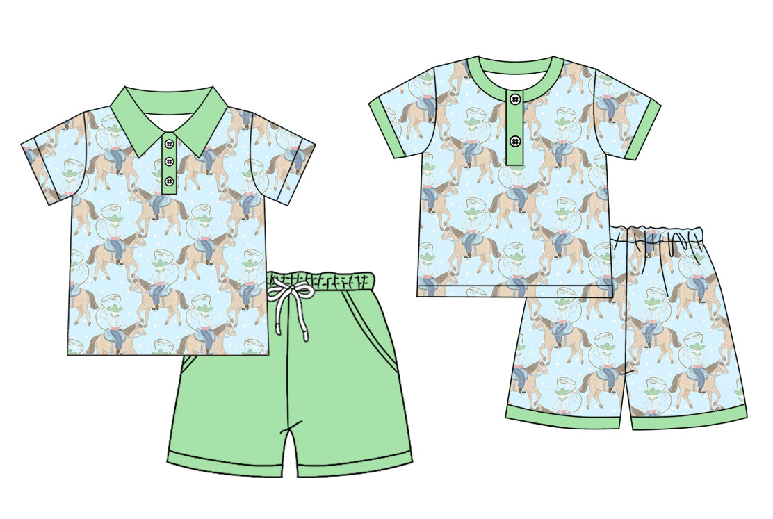 4.9 Custom moq 5 mix size Sibling Baby Boy Rodeo Western Short-Sleeved Top Green Short Clothes Set