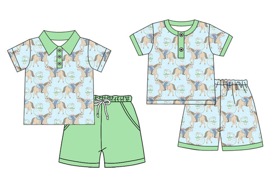 4.9 Custom moq 5 mix size Sibling Baby Boy Rodeo Western Short-Sleeved Top Green Short Clothes Set