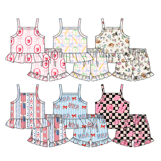 4.13 Custom moq 5 mix size Sibling Baby Girl Bows Strap Top Shorts Set Summer Clothing Set