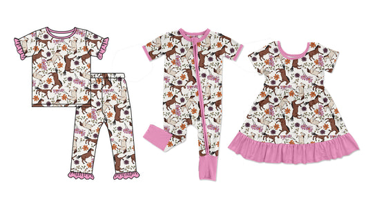 4.25 custom each style moq 5eta 4-6week Sibling Sisters horse floral baby girl short sleeve pants sets and dress and rompers match family design