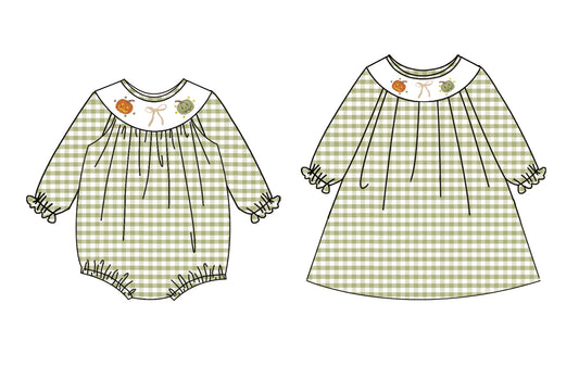 25.5.14 custom each style moq 5eta 4-6week Sibling Sisters pumpkin bow baby girl long sleeve dress and rompers match family design