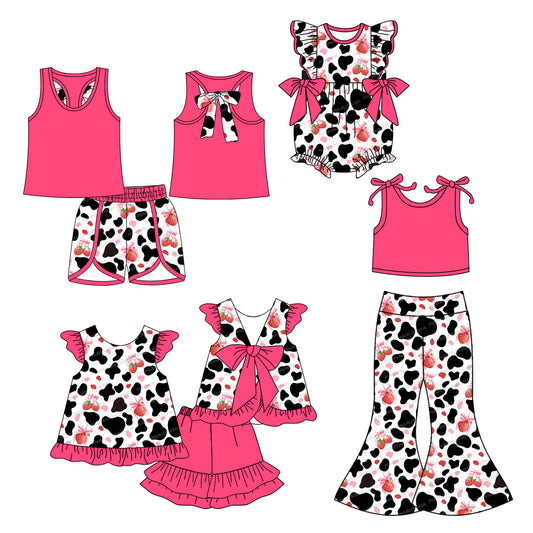 4.22 custom each style moq 5eta 4-6week Sibling Sisters cow pattern baby girl short sleeve shorts sets 1 and sets 2 and pants sets and rompers match family design