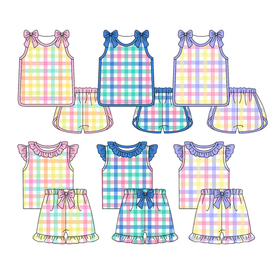 3.25 Custom moq 5 mix size Sibling Baby Girl's Checked Flutter Sleeve Top And Shorts Set Cute Casual Outfit
