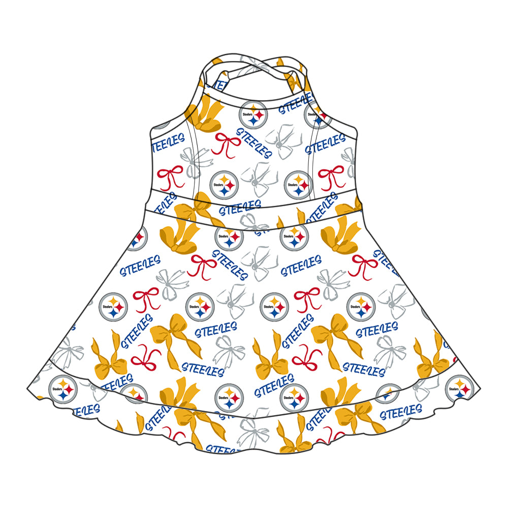 Custom moq 5 mix sizes summer teams baby girls clothes team yellow short sleeve skirts shorts sets 1 and skirts sets 2 and dress 1 and dress 2 and dress 3 and dress 4-25.6.5