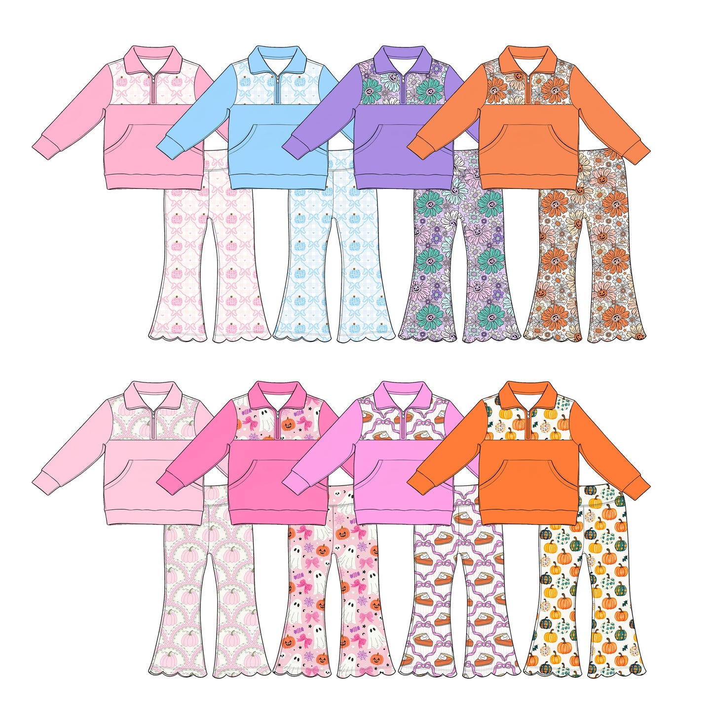 4.14 Custom moq 5 mix size Sibling Baby Girls Halloween Pumpkin Long Sleeve Zip Top And Pants Scallop Set Cute Outfit