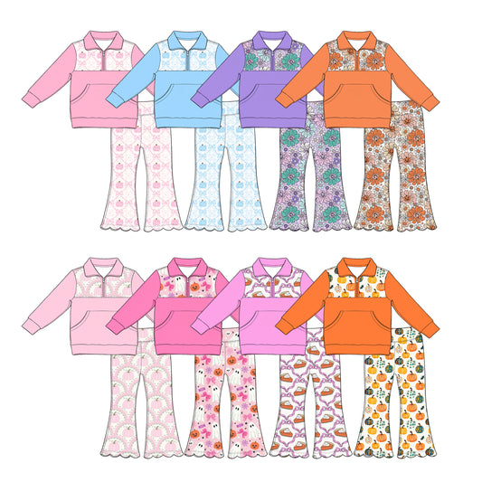 4.14 Custom moq 5 mix size Sibling Baby Girls Halloween Pumpkin Long Sleeve Zip Top And Pants Scallop Set Cute Outfit