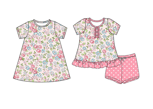 4.14 custom each style moq 5eta 4-6week Sibling Sister floral baby girl short sleeve shorts sets and dresses match design