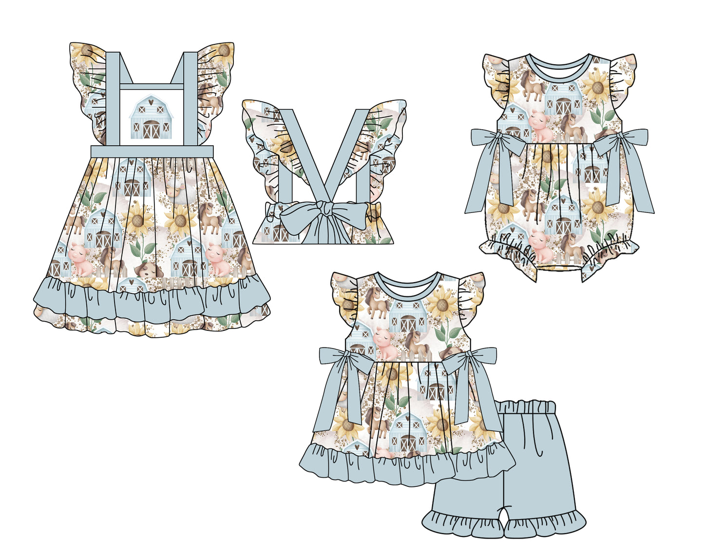 11.27 custom each style moq 5eta 4-6week Sibling Sister farm animal baby girl short sleeve shorts sets and dress and rompers match family design