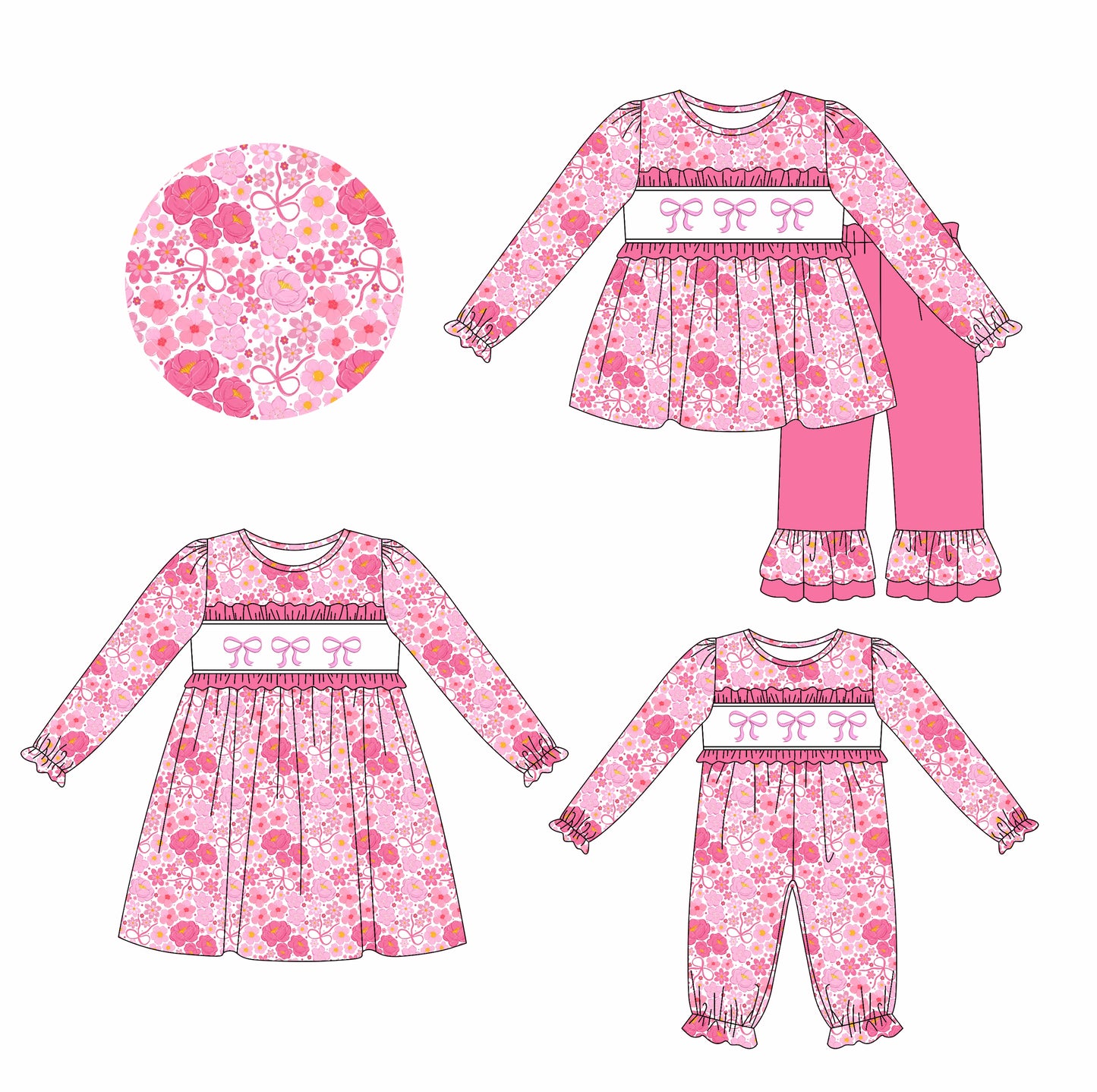 25.8.21 custom each style moq 5eta 4-6week Sibling Sisters bow floral baby girl long sleeve pants sets and dress and rompers match family design