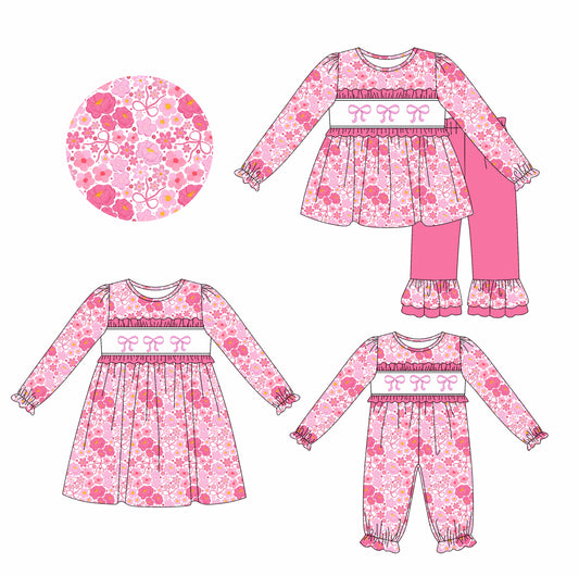 25.8.21 custom each style moq 5eta 4-6week Sibling Sisters bow floral baby girl long sleeve pants sets and dress and rompers match family design