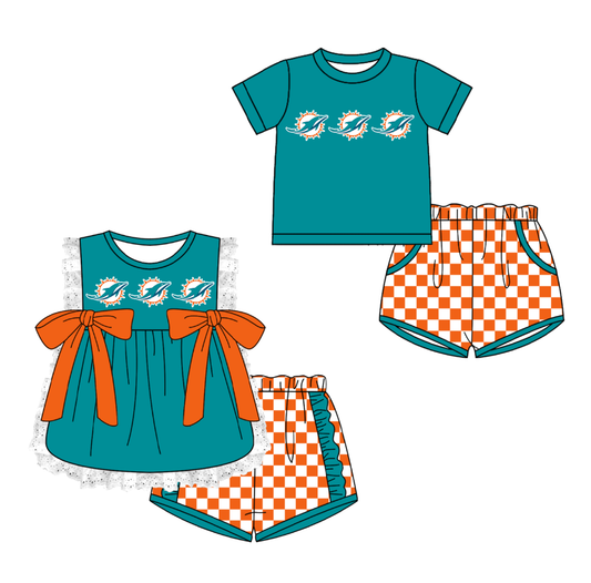 Custom moq 5 mix size milk silk summer teams  Girl Sleeveless Top And Plaid Shorts Set with Bow Boy Short Sleeved Top And Plaid Shorts Set