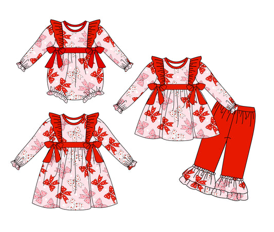 25.9.20 custom each style moq 8 eta 6-8week Sibling Sisters bow red baby girl long sleeve pants sets and dress and rompers match family design