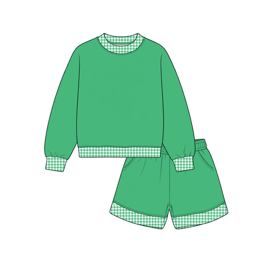 Custom moq 5 girls  Blank Cotton Fabric Sweatshirt Shorts Set Grass-green sweatshirt and shorts set