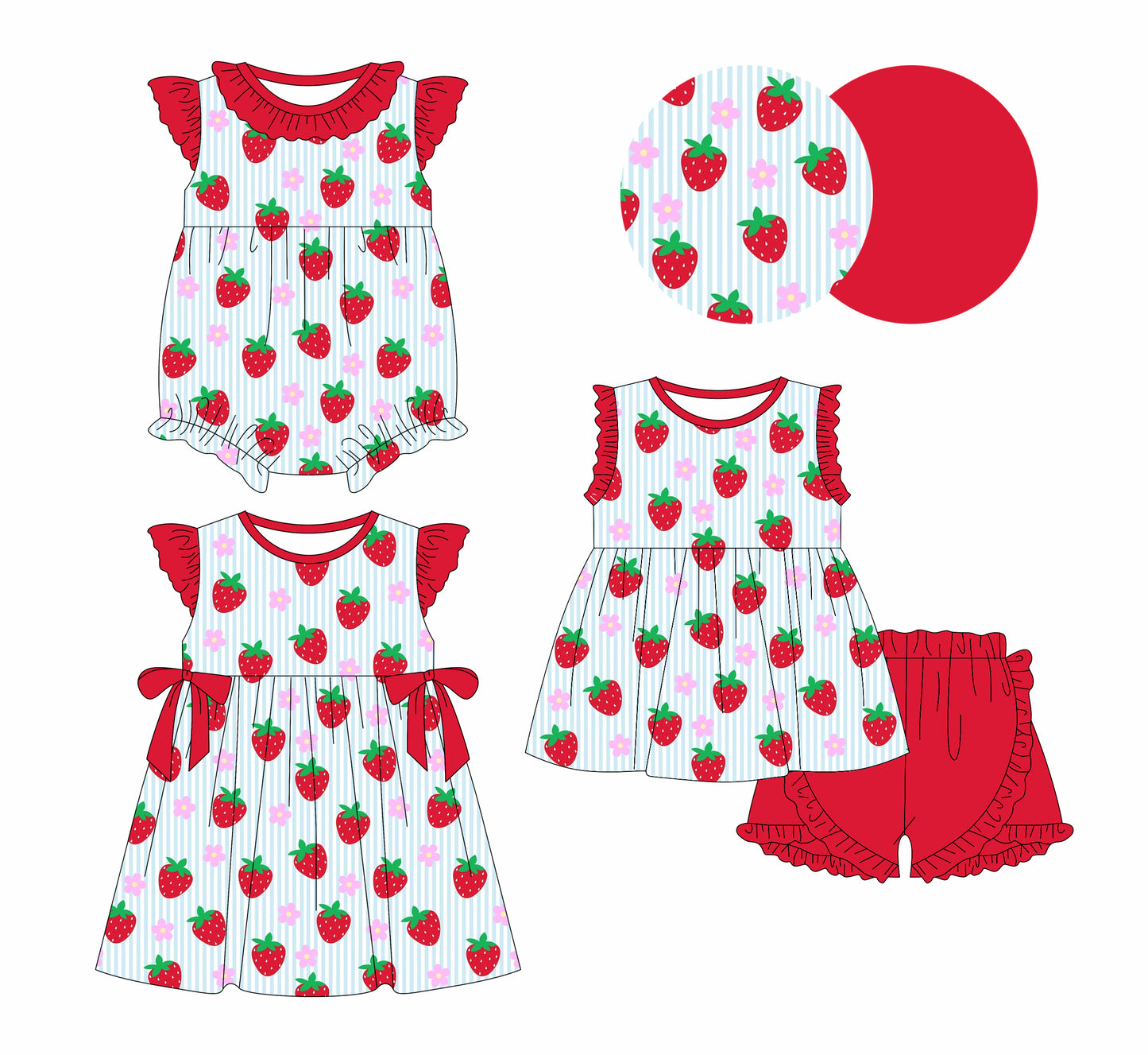 25.12.27 custom each style moq 5 eta 6-8week Sibling Sister strawberry bow floral baby short sleeve shorts sets and romper and dress match design