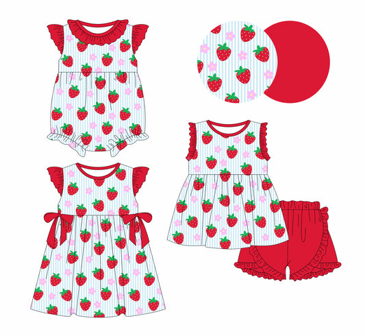 25.12.27 custom each style moq 5 eta 6-8week Sibling Sister strawberry bow floral baby short sleeve shorts sets and romper and dress match design