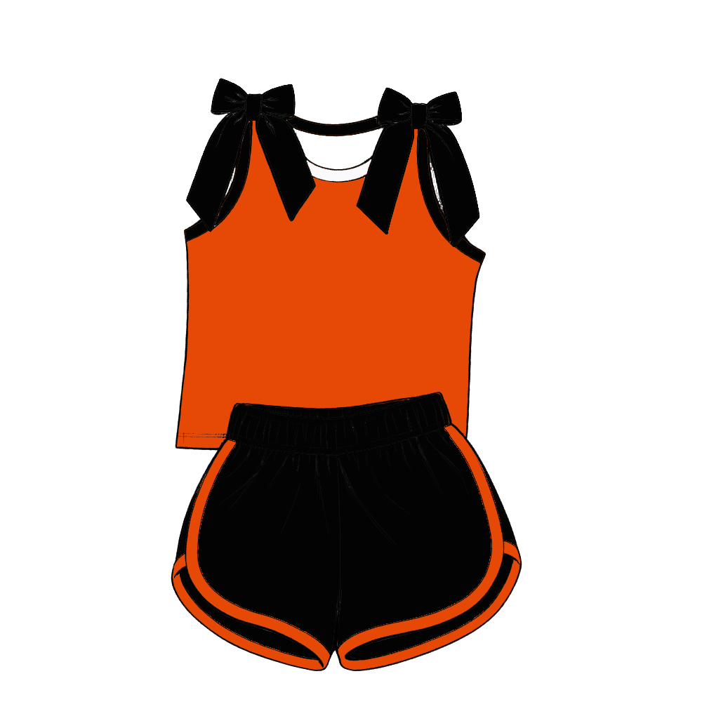 custom moq 5 mix size Baby Girls Orange Bow Sleeveless Top Shorts Summer Casual Clothes Set