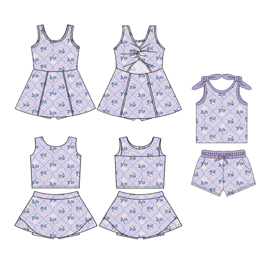 4.11 custom each style moq 5eta 4-6week Sibling Sister floral bow baby girls clothes Short sleeve shorts sets and yoga dress 1 and dress 2 match family design