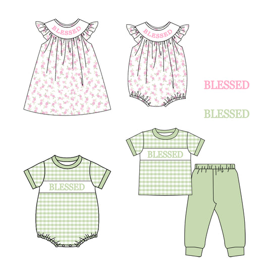 25.9.30 custom each style moq 8 eta 6-8week Sibling Sister BLESSED baby short sleeve pants sets and romper 2 and dress match design