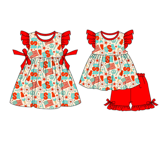 25.12.23 custom each style moq 5 eta 6-8week Sibling Sister USA baby short sleeve shorts sets and dress match design