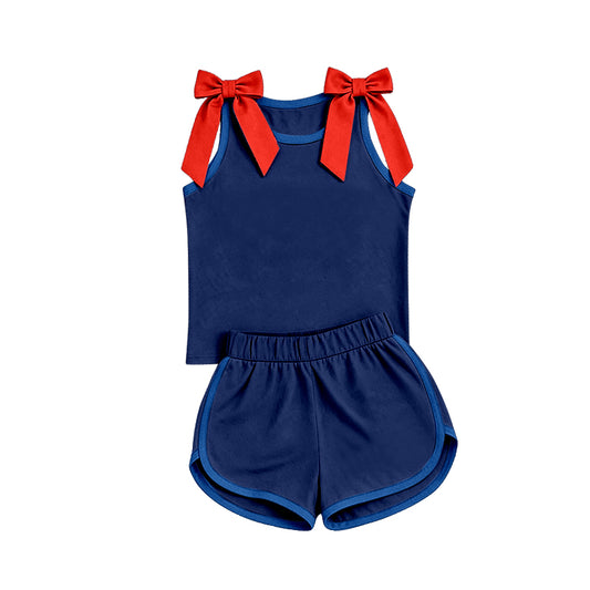custom moq 5 mix size Baby Girls Bow Sleeveless Navy Blue Top Shorts Team Athletic Set