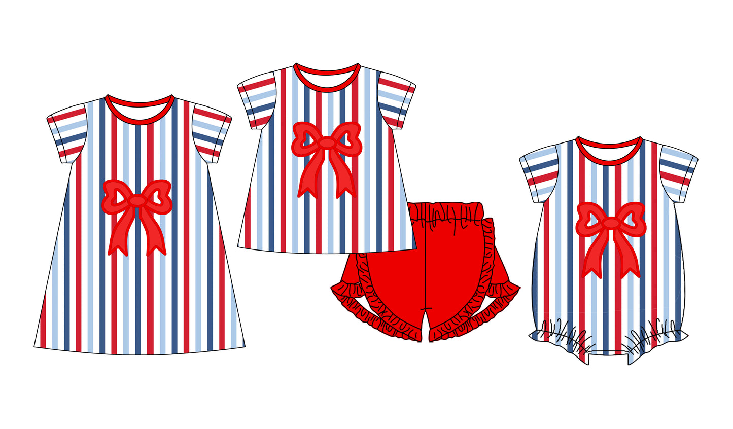 11.25 custom each style moq 5eta 4-6week Sibling Sister bow striped baby girl short sleeve shorts sets and dress and rompers match family design