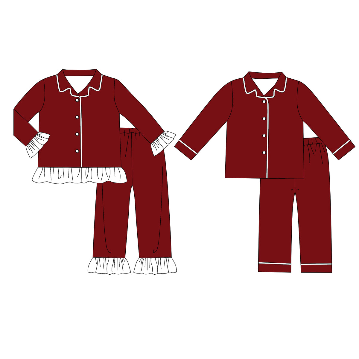 custom moq 5 mix size Baby Boys And Girls Burgundy Collared Button Down Long Sleeve Top Pant Pajama Set White Ruffle Trim Sleepwear